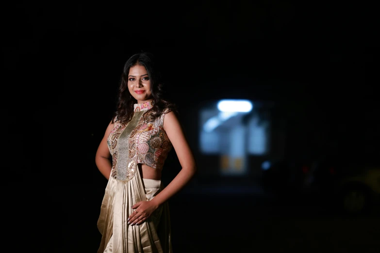 a woman posing for the camera in a sari