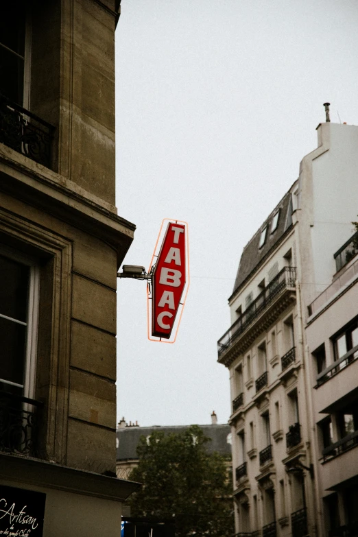 this is an image of a red shop sign on a building