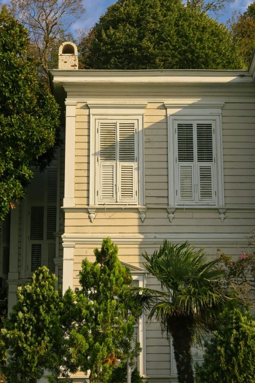 a house with trees and shrubbery in front of it