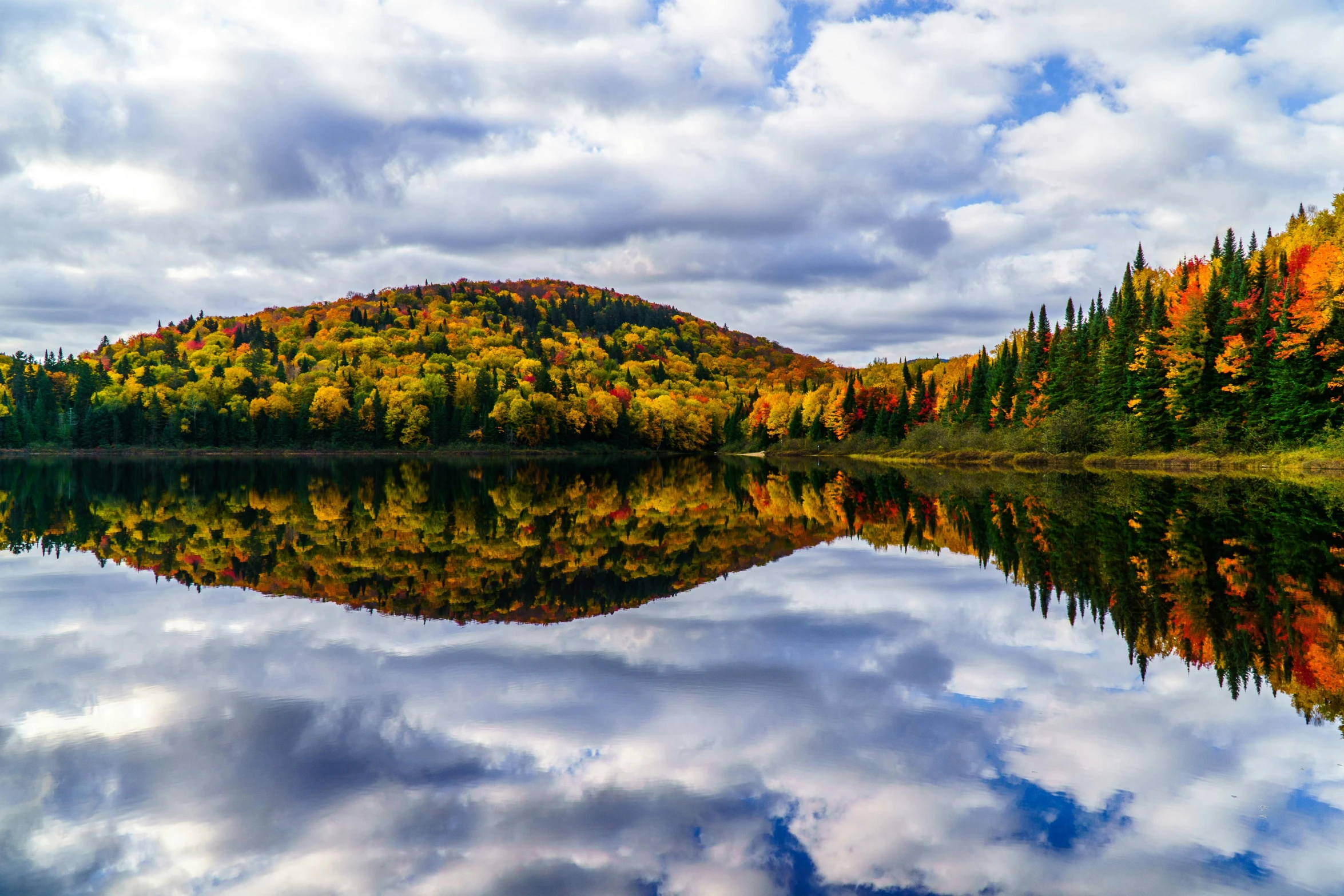 some clouds reflecting in the lake and a mountain with trees