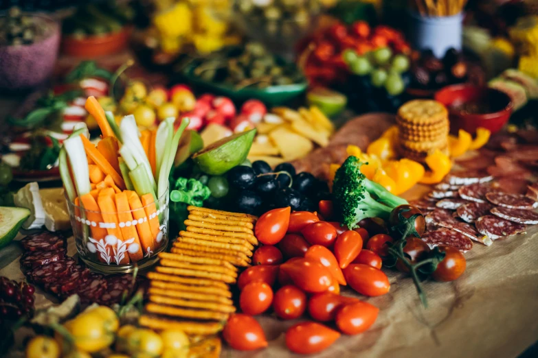 a table with many types of food on it