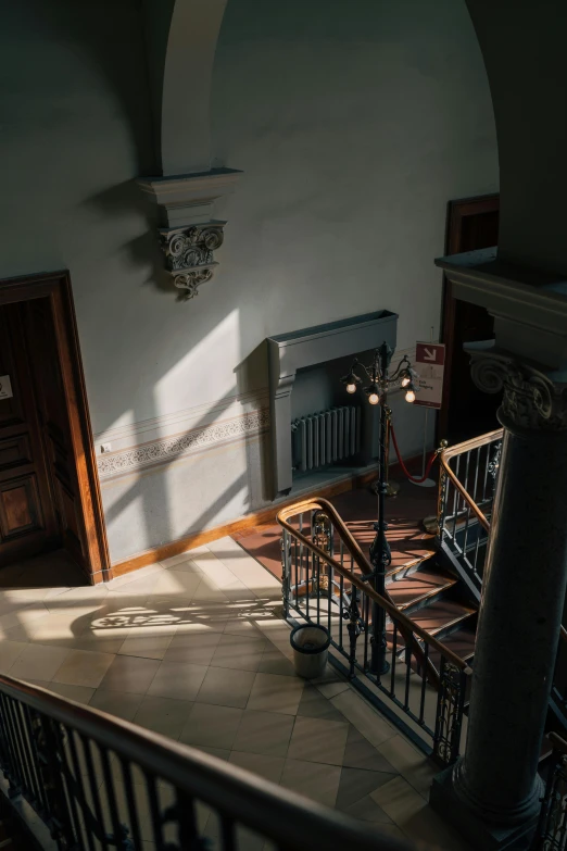 an overhead view of stairs, and lamps