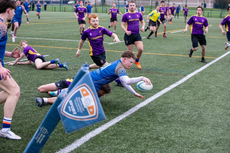 men playing rugby on a field in purple shirts