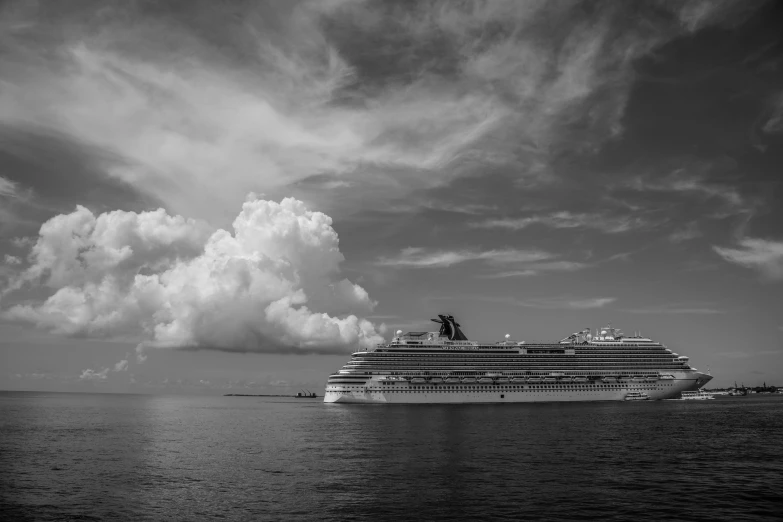 a cruise ship with many clouds above it