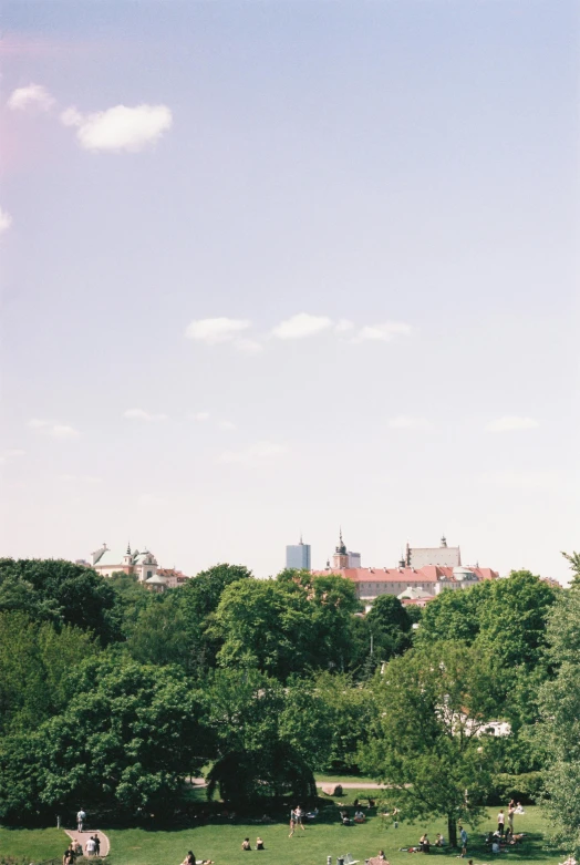 a group of people in a park on a sunny day