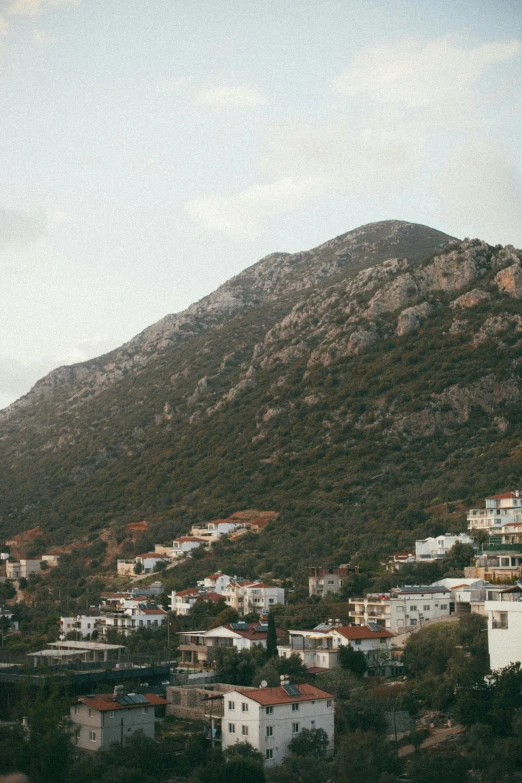 a mountain with houses on it near trees