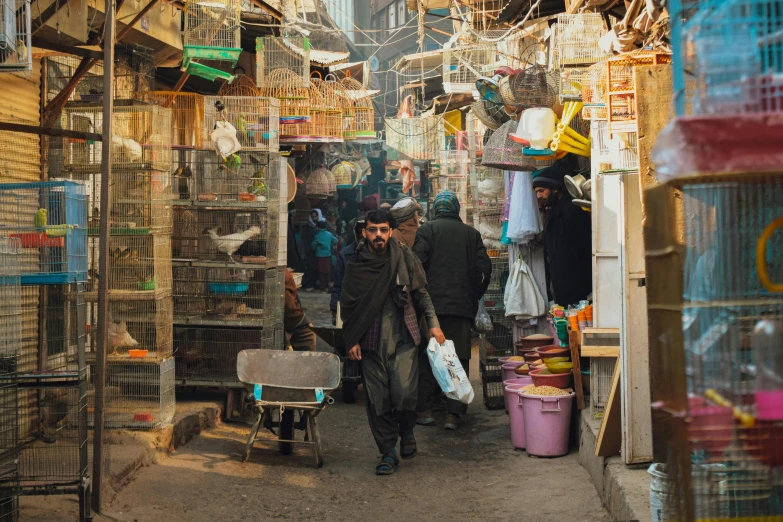 a man is walking down an alley way in a market with cages and bird cages