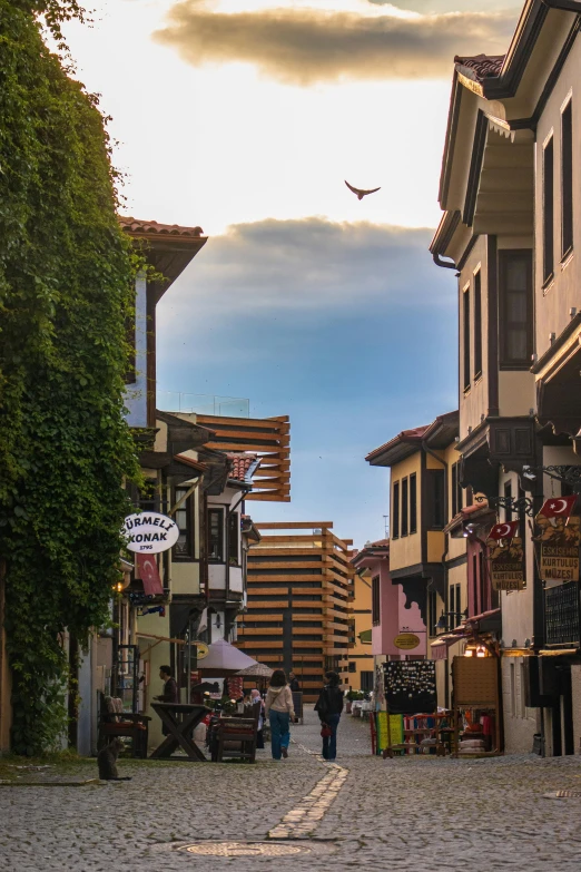 a bird flying through a cloudy sky over buildings