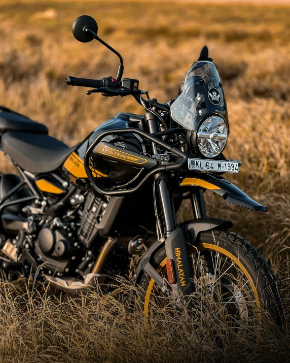 motorcycle parked in the middle of a brown grass covered field