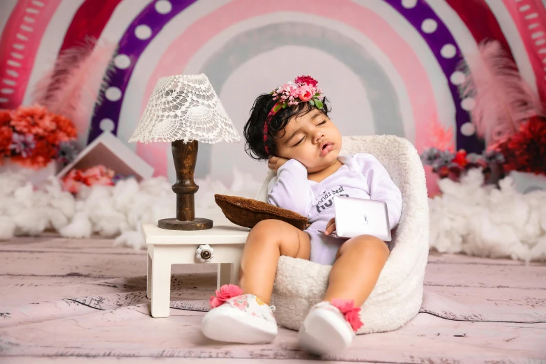 a young child sitting in a chair wearing pink shoes