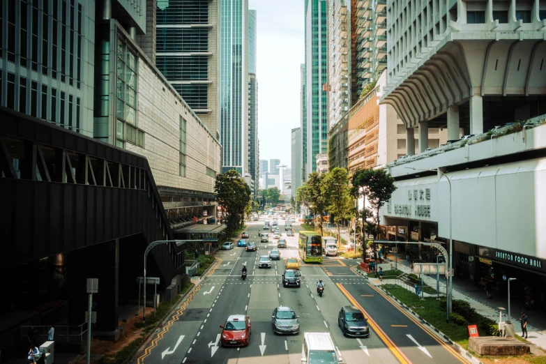 the view looking down a wide city street