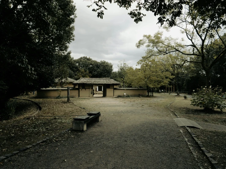 the courtyard of a park has been deserted by the day
