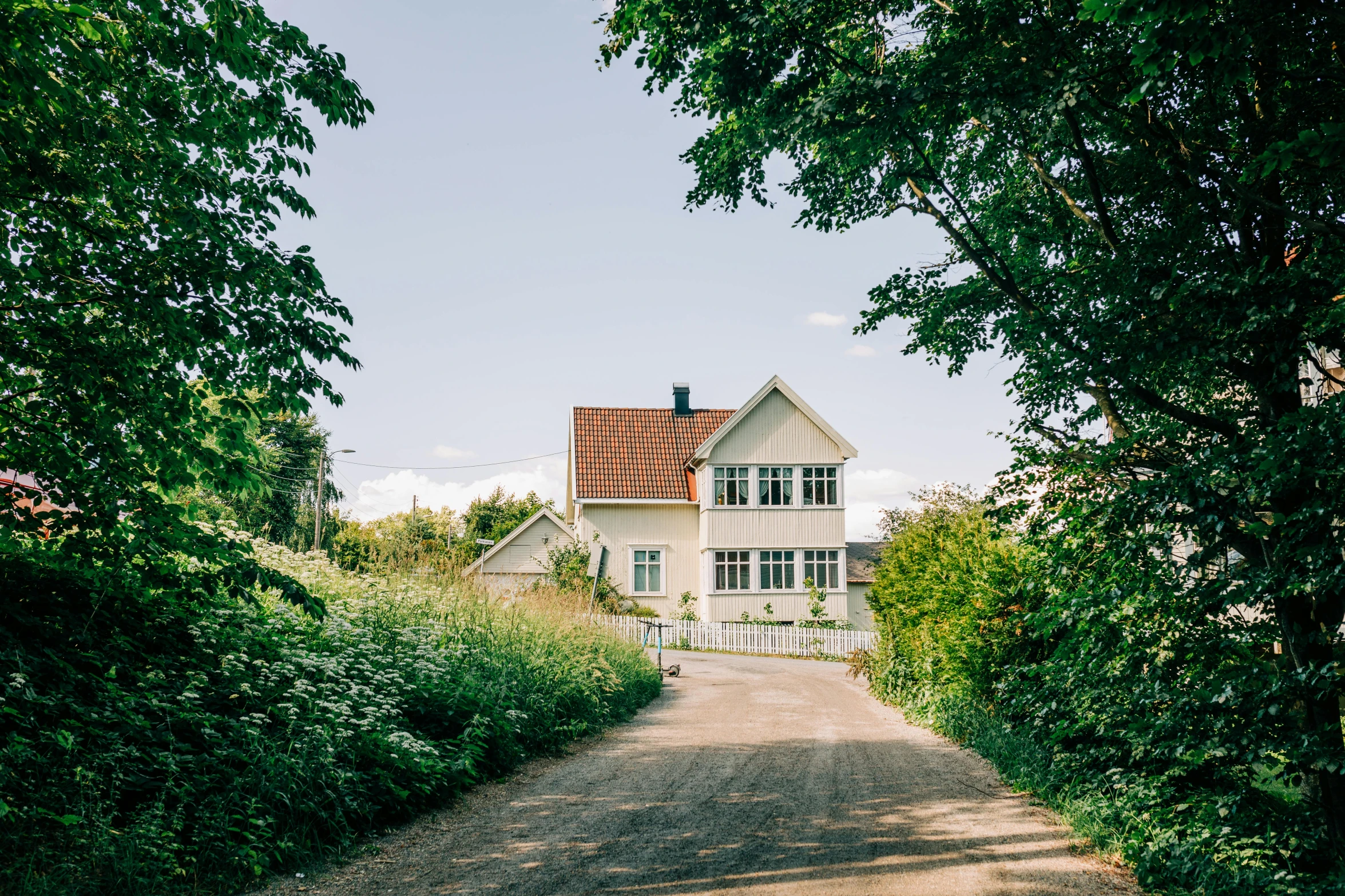 a road leads to a small home surrounded by trees