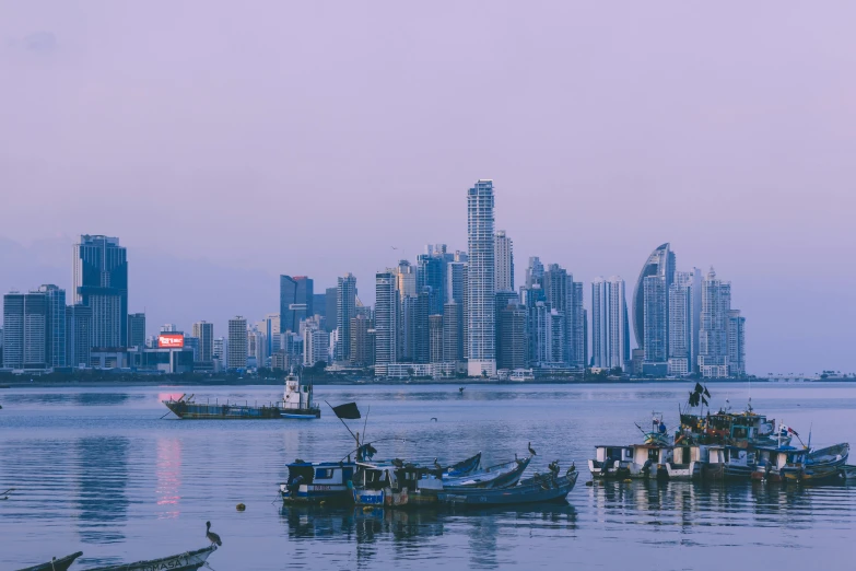 boats floating in a harbor with a city in the background