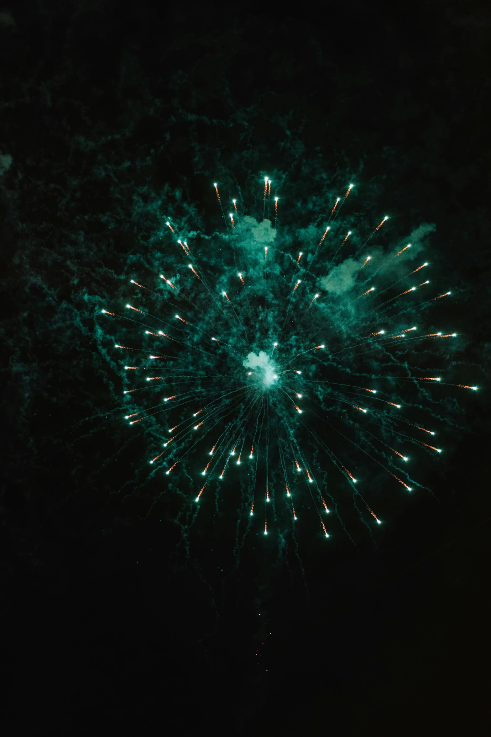 some dark colored fireworks with green and white