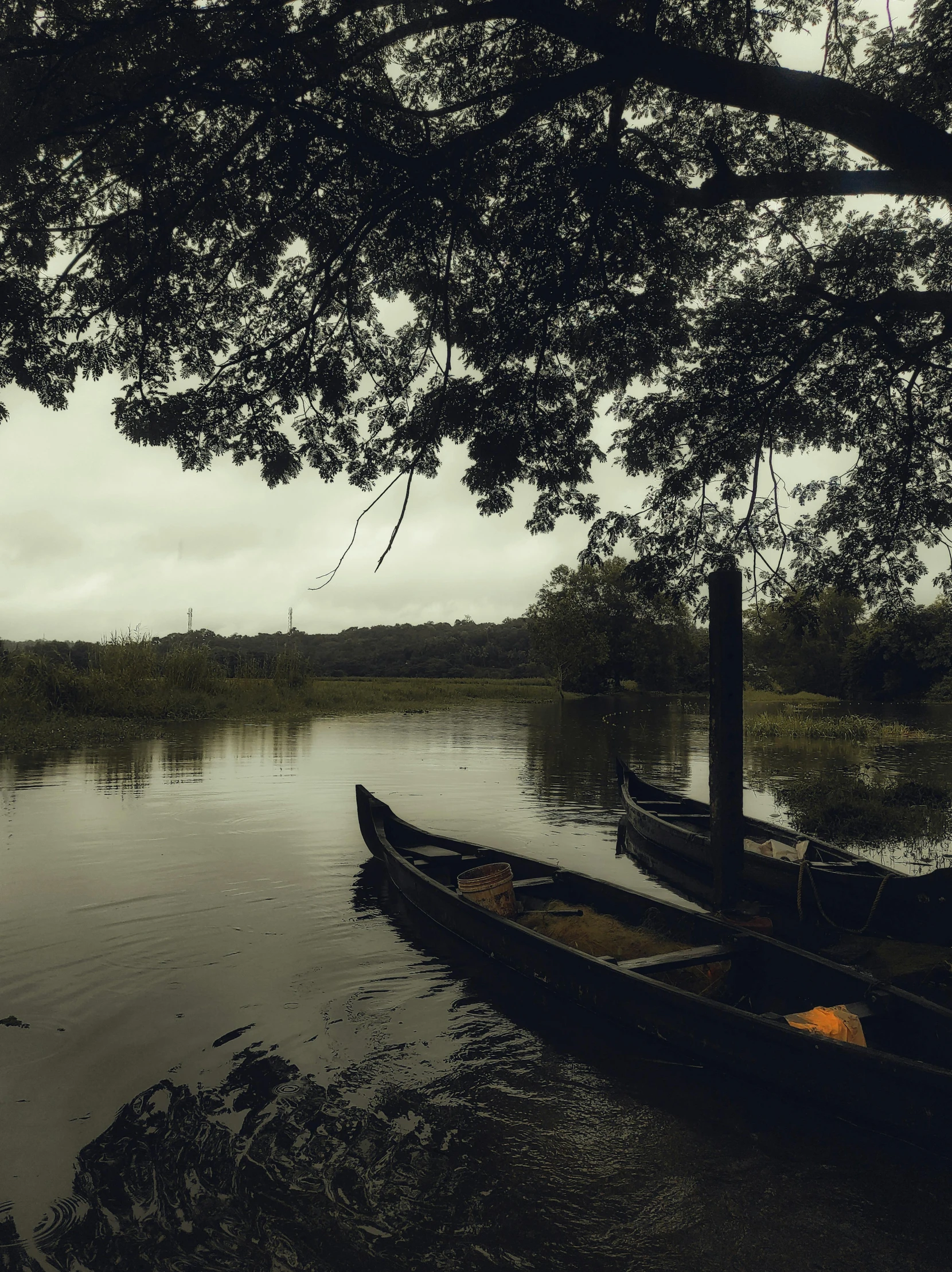 a couple of boats are on a lake with trees