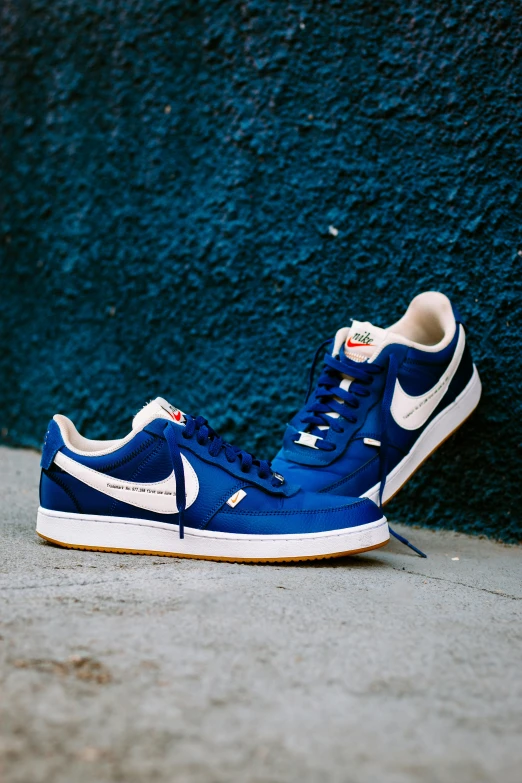 a pair of sneakers with white and blue detailing, on the concrete