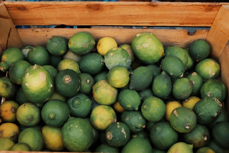 a large amount of green fruit sitting inside of a wooden box