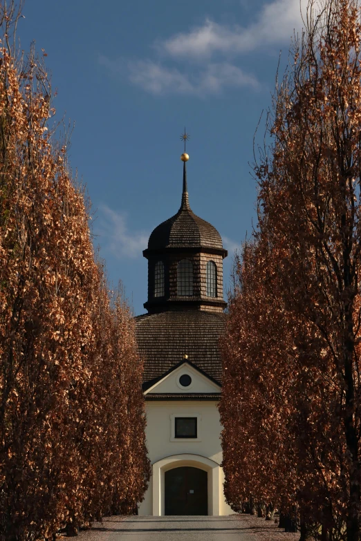 a church in the middle of trees with a tower in the background