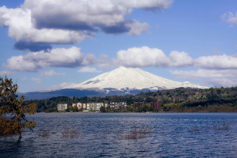 a snow capped mountain rises above the water