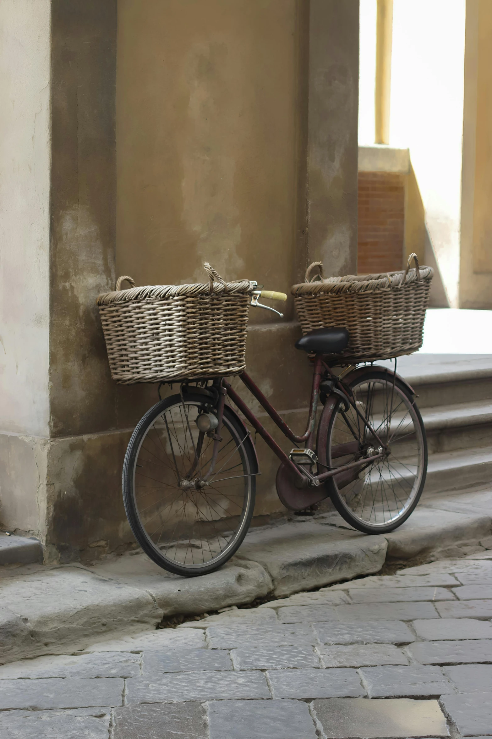 there is a bike with two baskets attached