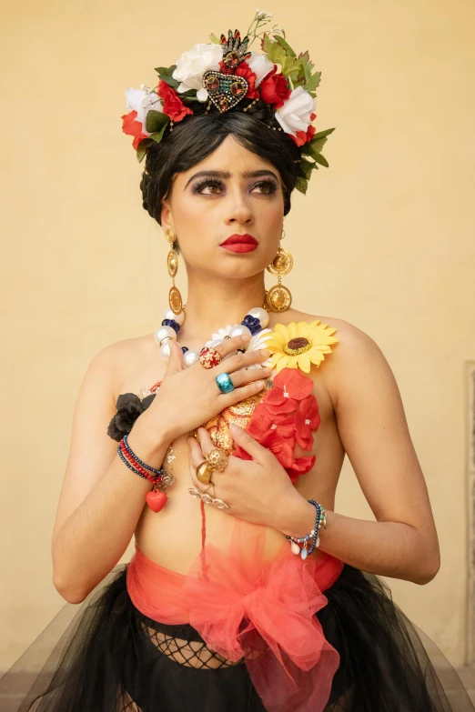 a woman with red lipstick and a headpiece