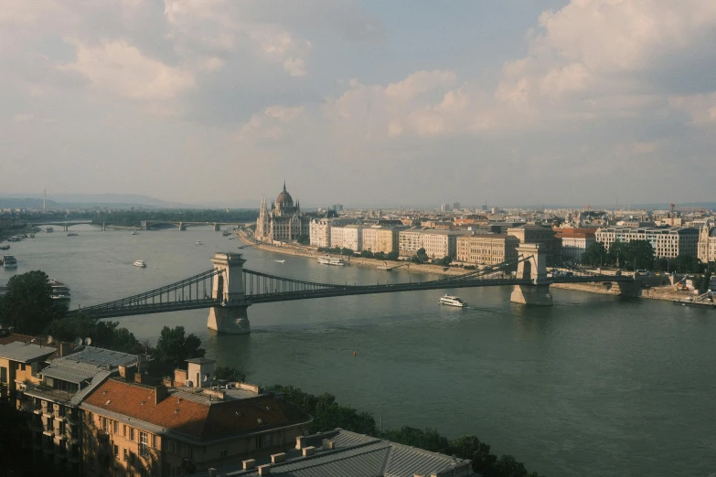 a bridge crossing over water near a large city