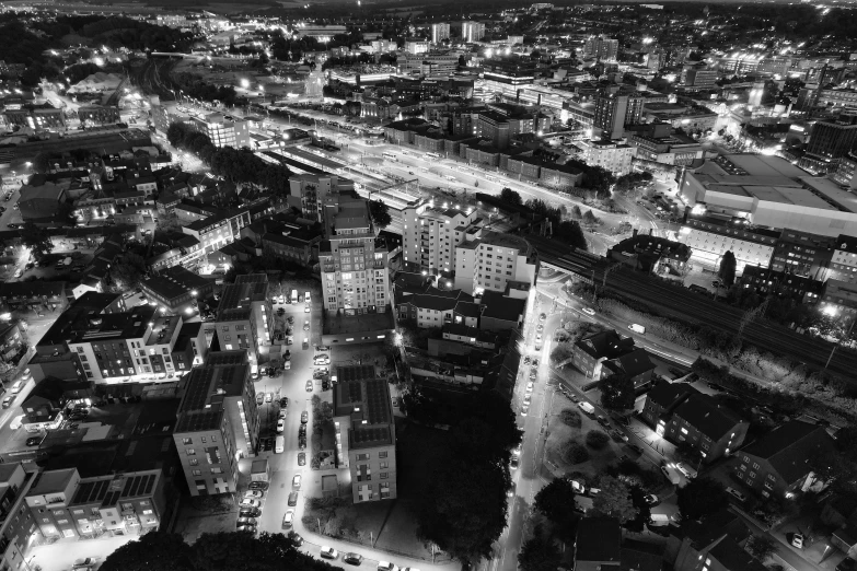 an aerial view of a city at night