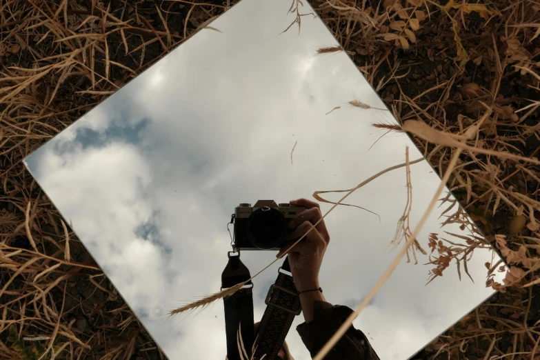 a mirror with a person taking a picture in the grass
