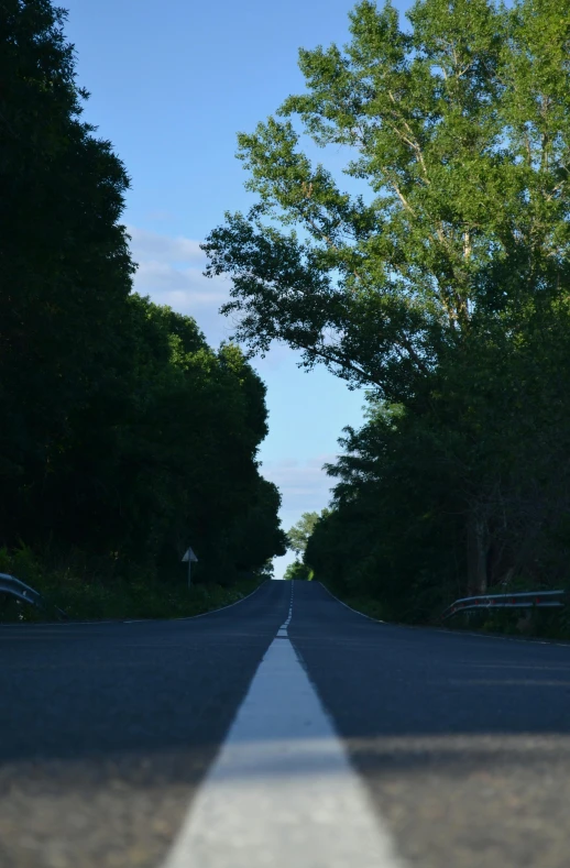 the sun is shining through the trees at an empty road