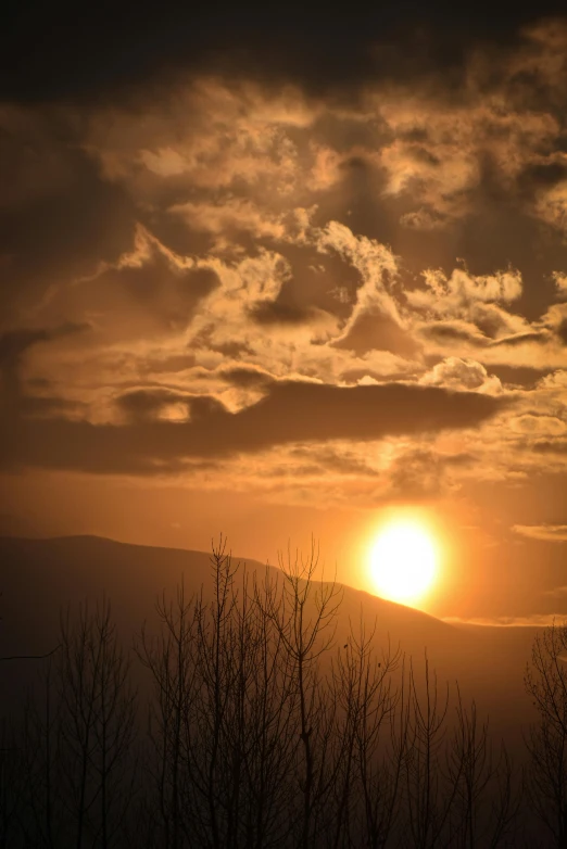 the sun sets over a mountainside with bare trees