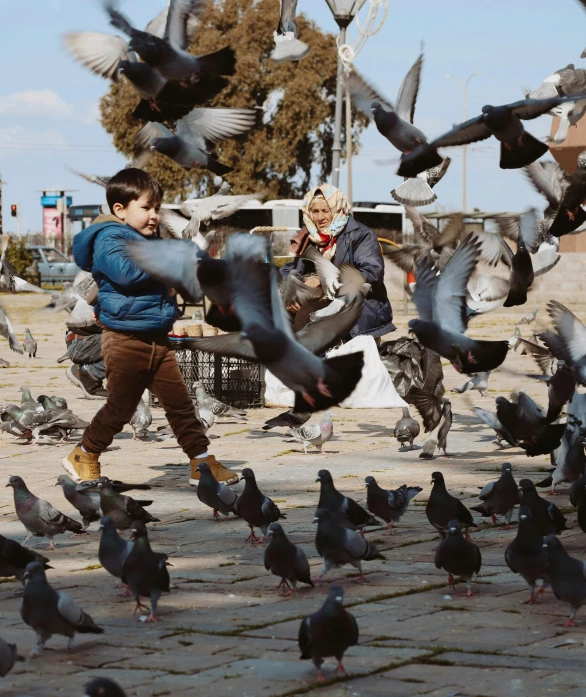 two people in front of an adult bird flock