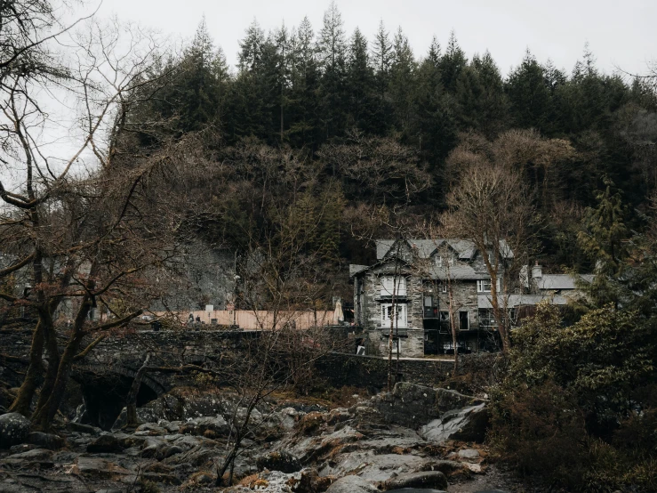 an old abandoned house with trees and a mountain behind it
