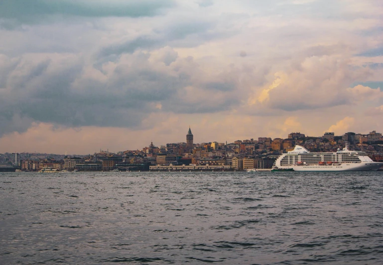 the cruise ship is near a city on the water