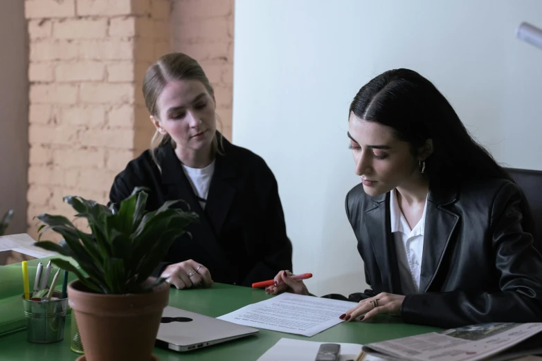 two young ladies sitting at a desk looking over paperwork