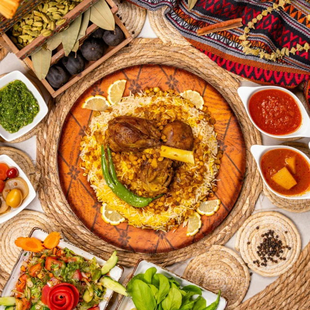 a table with a meat dish and many bowls of sauce