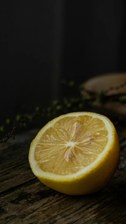 a lemon slice is shown on top of a wooden table