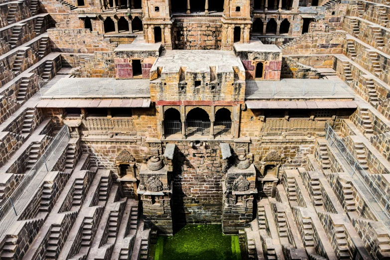 aerial view of an intricately designed, stone building