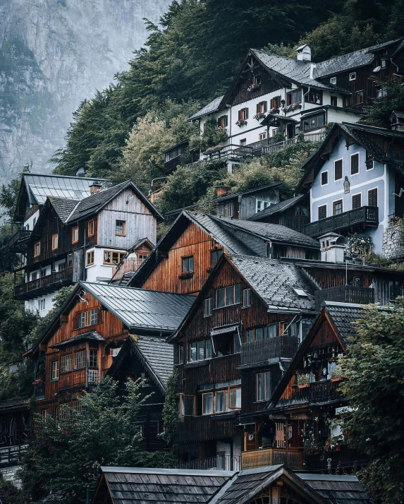 many houses sit on top of a hill in the forest