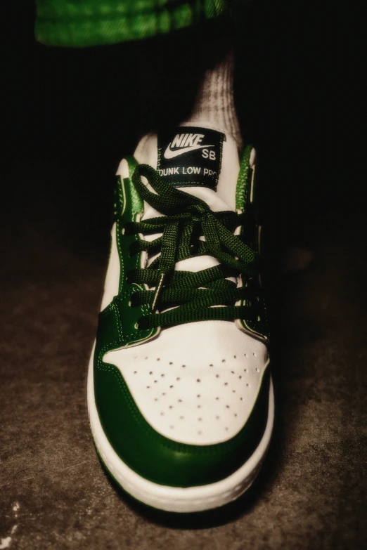 a sneaker with green trim on it's shoelaces
