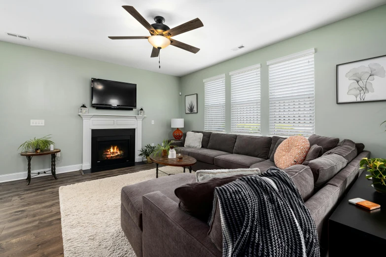 living room with grey sofa and wood floor