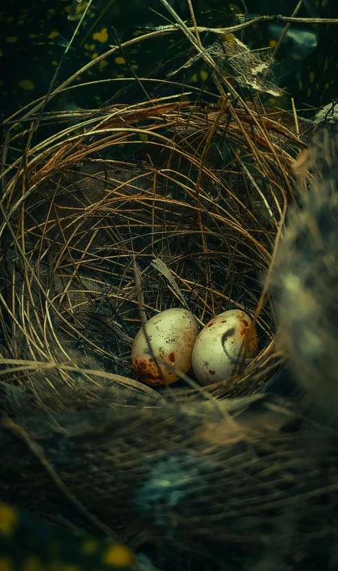 two small birds sitting inside of their nest