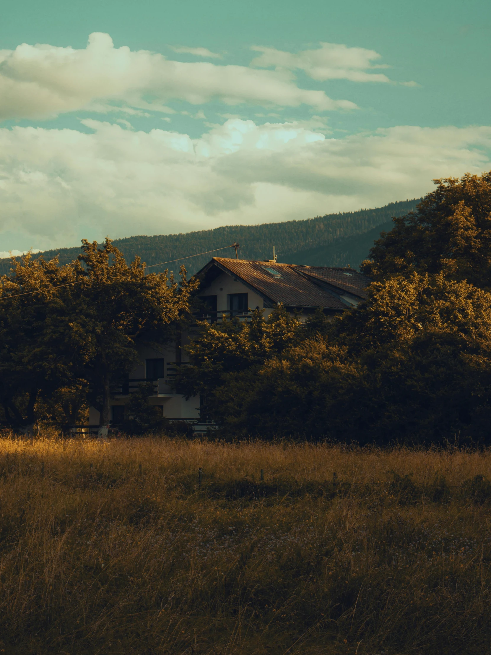 a building sitting in the middle of a field