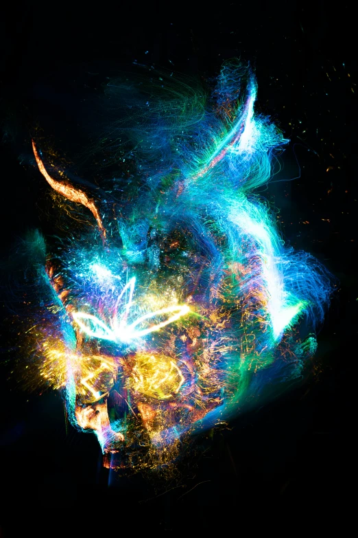 an abstract image with colors and sparkles and a cat's head