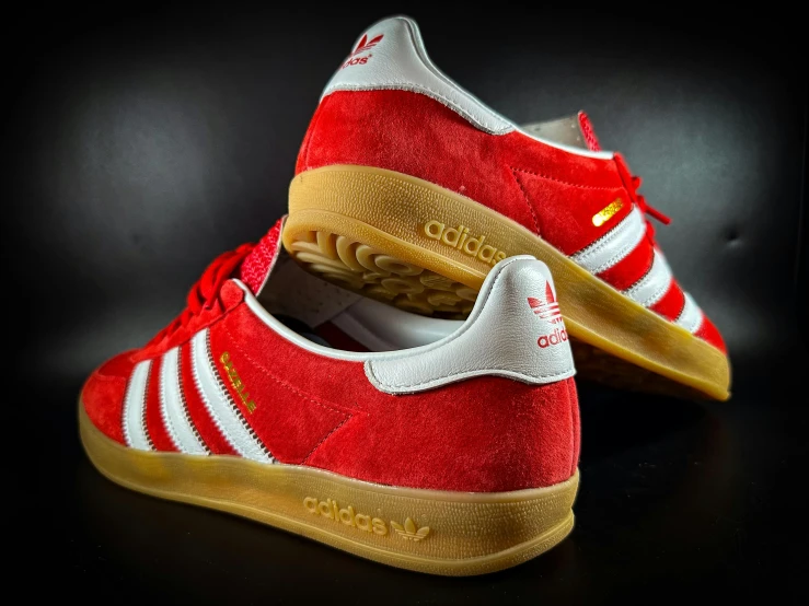 the adidas are all red, white and yellow