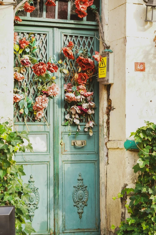 green wooden doors with red flowers hanging on them