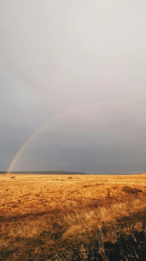 a rainbow sits in the distance as it is darkens