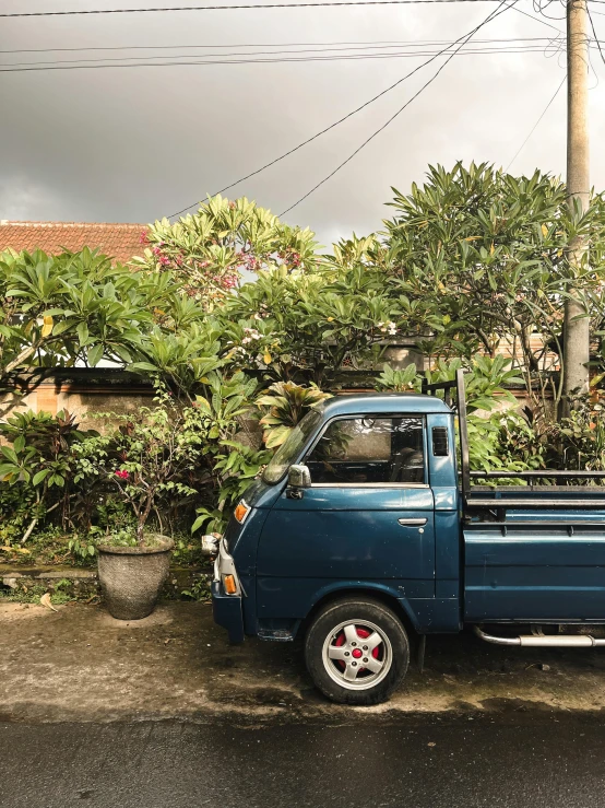 a truck with no windows is parked near some bushes and trees