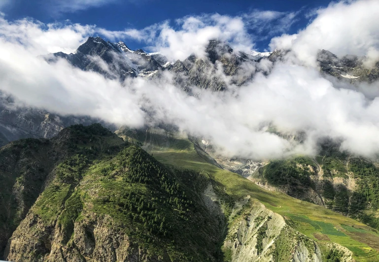 a mountain top with trees covered in clouds