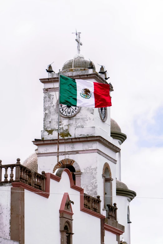 an architectural view of a clock tower with a flag